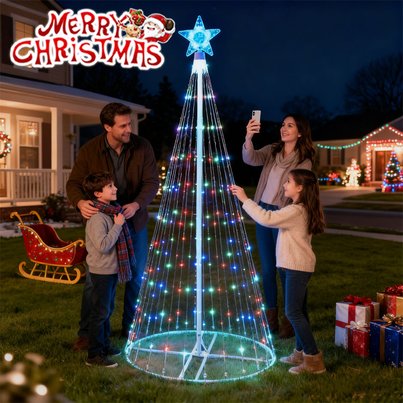Outdoor Lighting Effects - ソーラー式LED滝型ストリングライト クリスマスツリー飾り 五芒星滝デザイン 屋外ガーデンデコレーション