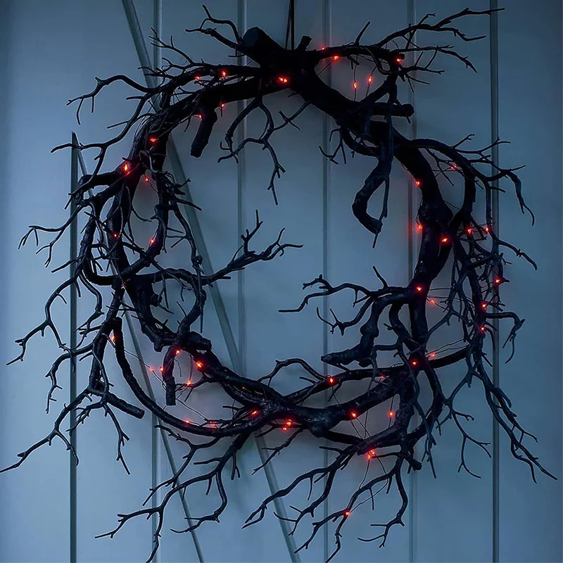 Outdoor Lighting Effects - LEDライト付きハロウィーンの花輪,黒い枝のきらびやかな装飾,正面玄関,家,屋内,屋外,パーティーの装飾