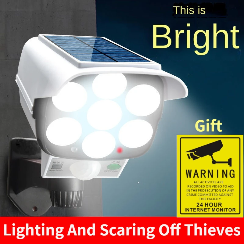 Outdoor Lighting Wireless - 屋外ソーラーライトモーションセンサーセキュリティダミーカメラワイヤレスフラッドライトIP65防水77 LEDランプ3モード家庭菜園用