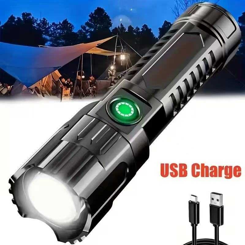 Outdoor Lighting Black - 新型高出力LED懐中電灯 USB充電式トーチ ズーム機能付きライト 内蔵バッテリー キャンプ ハイキング