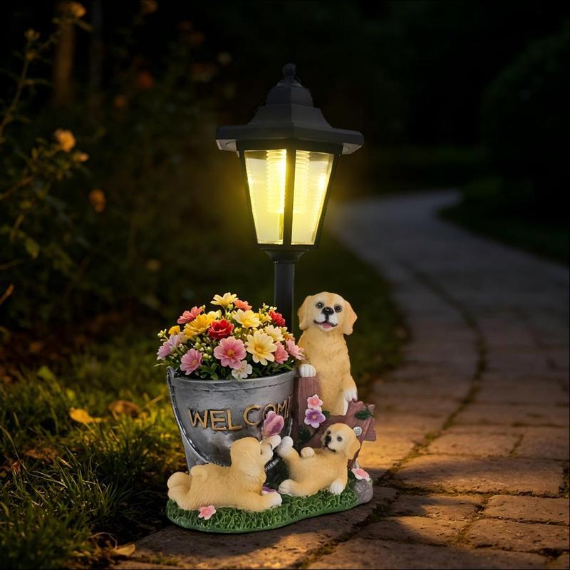 ソーラーライト付きのゴールデンレトリバーの植木鉢型置物。樹脂 - Outdoor Lighting And Landscape のレビューと価格