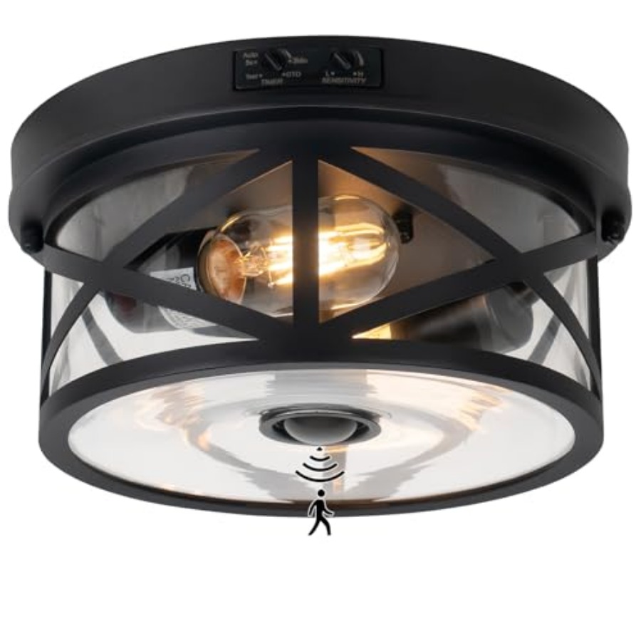 モーションセンサー屋外天井照明、調節可能な黒色フラッシュマウ - Outdoor Lighting Black のレビューと価格