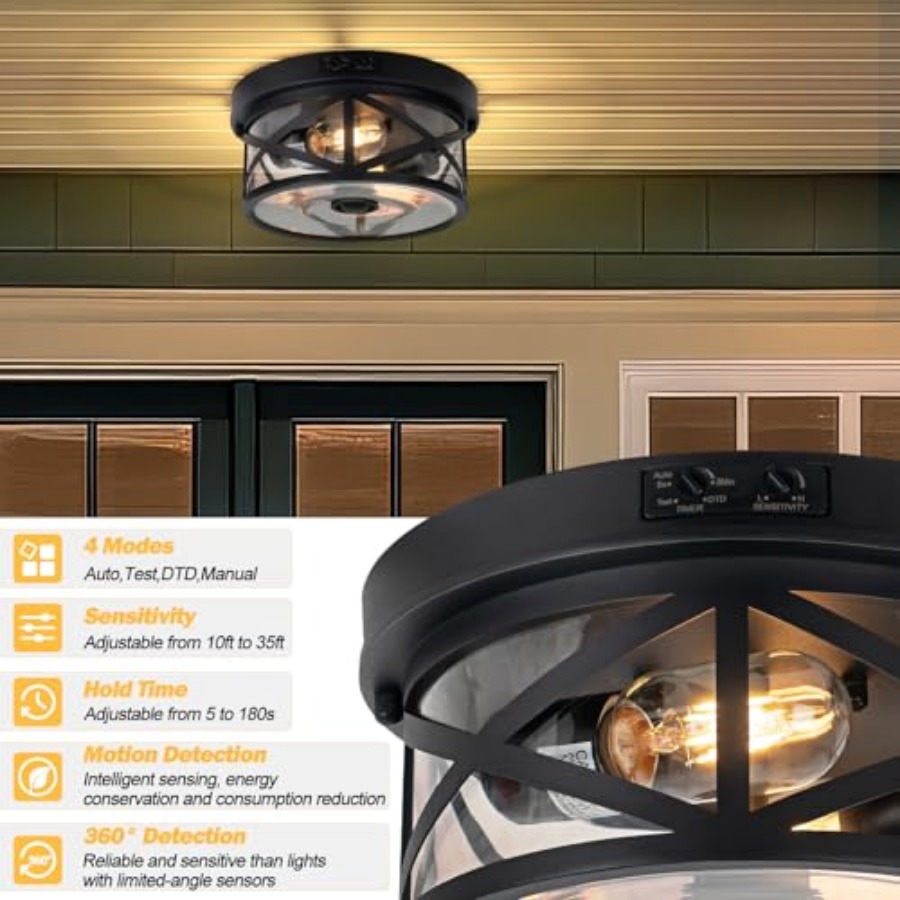 モーションセンサー屋外天井照明、調節可能な黒色フラッシュマウ - Outdoor Lighting Black のレビューと価格