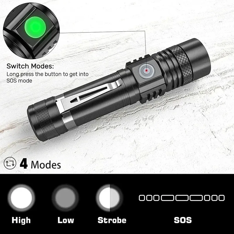 T6 LED 充電式懐中電灯、18650 ズーム可能なトーチ - Outdoor Lighting Black のレビューと価格